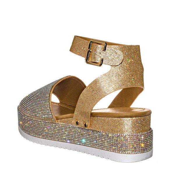 NEW Sparkling Rainbow Rhinestone Open Toe Sandals Flat Platform Heel Ankle Strap - Picture 7 of 11
